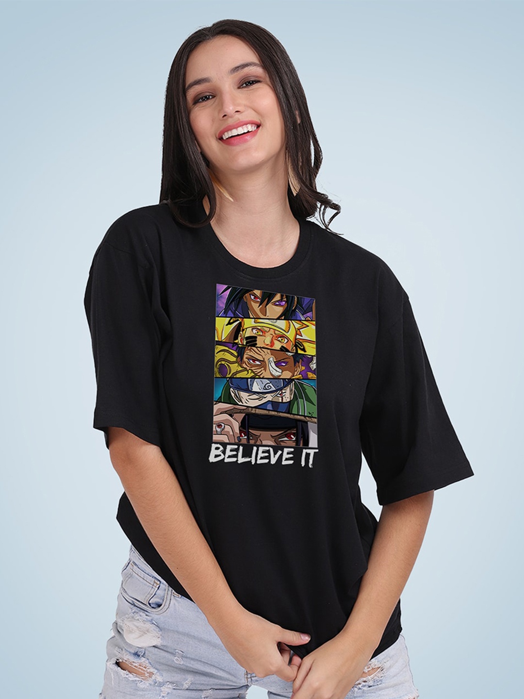 

Mad Over Print Women Cotton Printed Loose T-shirt, Black