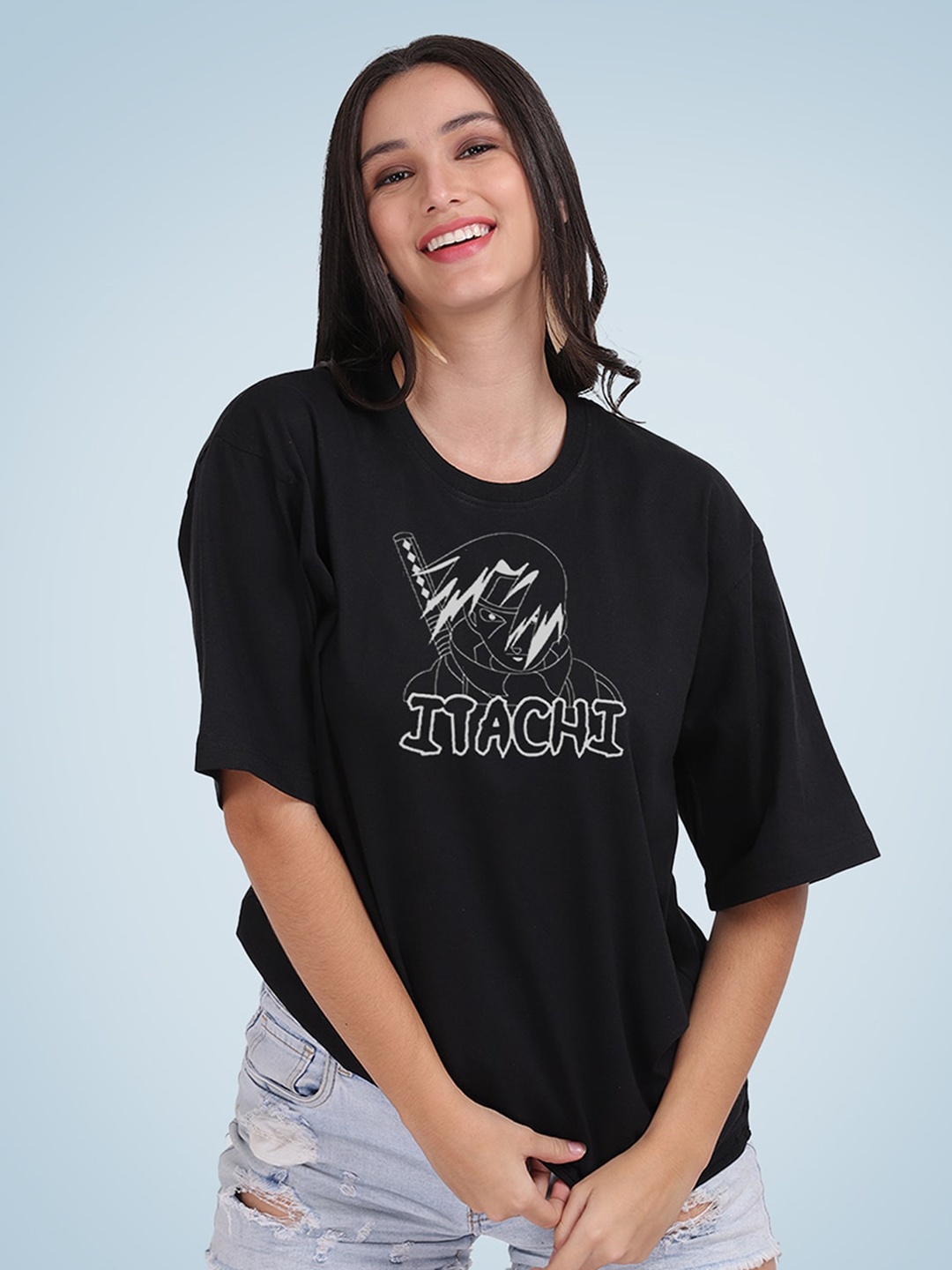 

Mad Over Print Women Cotton Typography Printed Loose T-shirt, Black