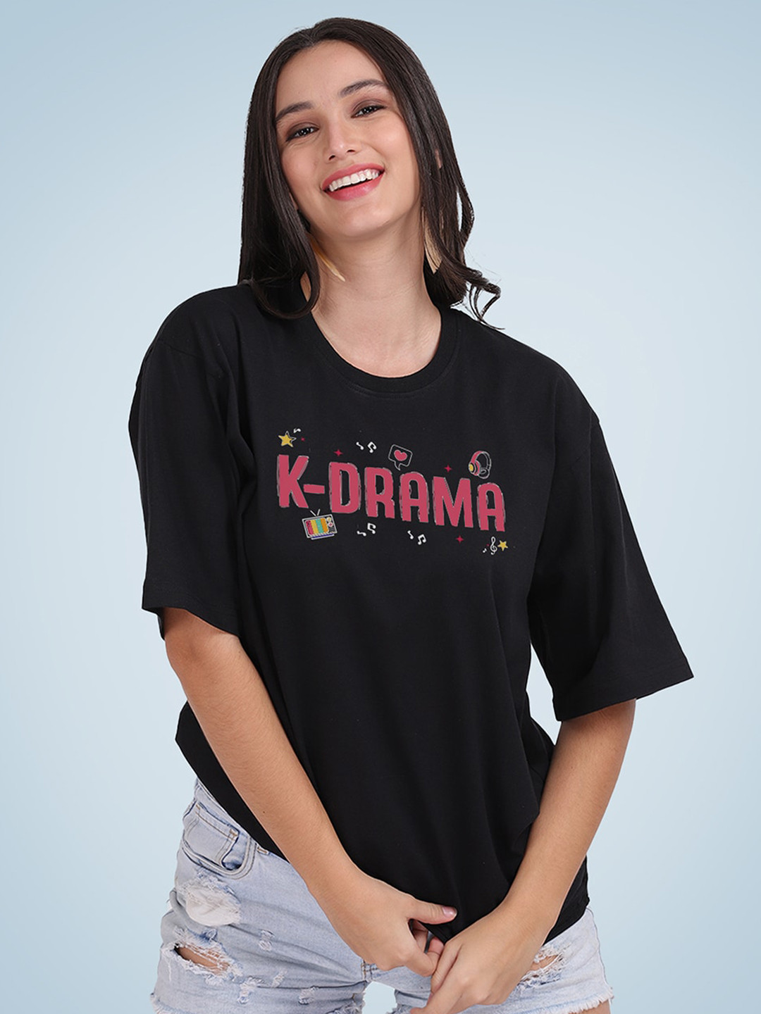 

Mad Over Print Women Cotton Typography Printed Loose T-shirt, Black