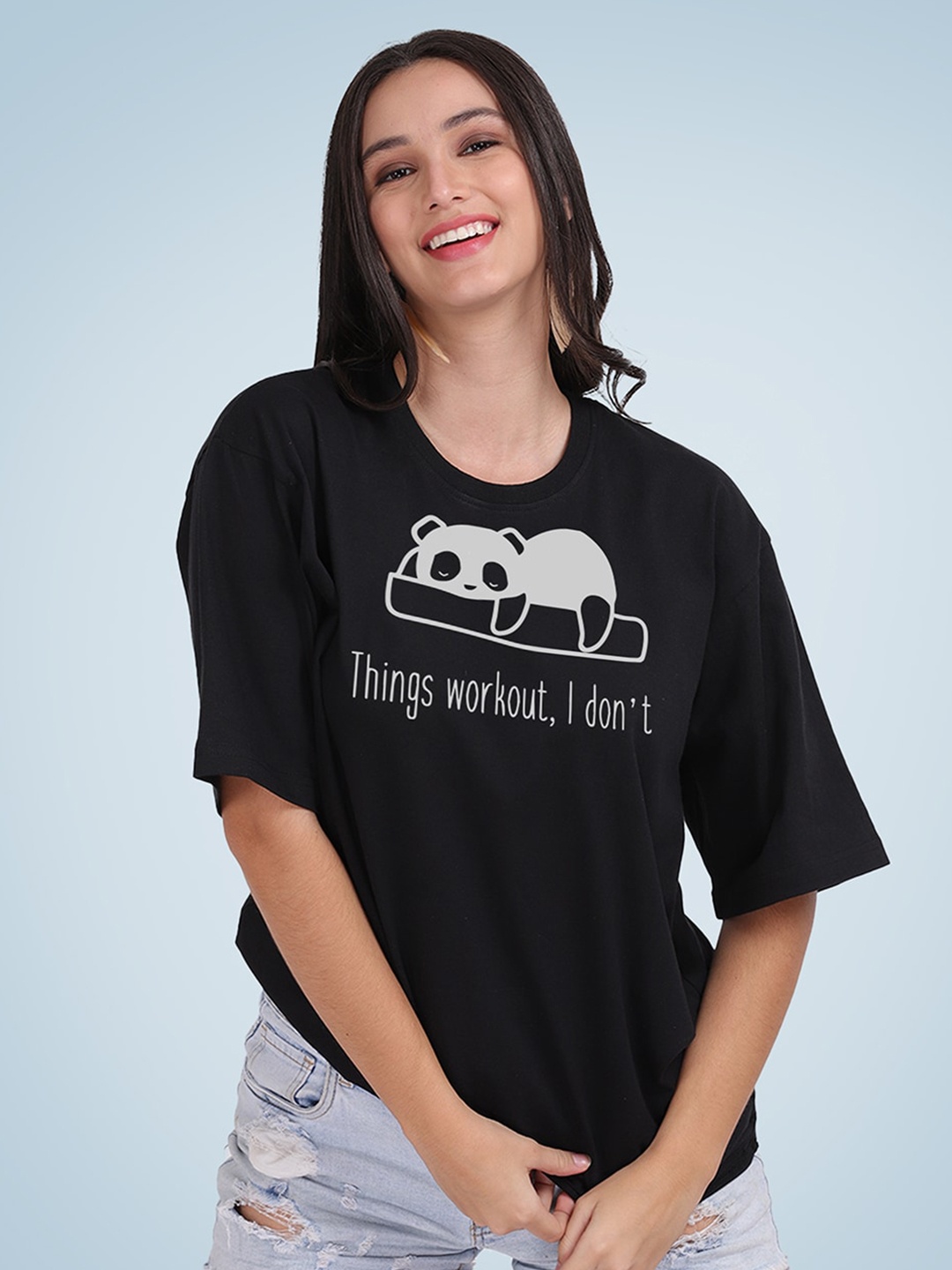 

Mad Over Print Women Cotton Printed Loose T-shirt, Black