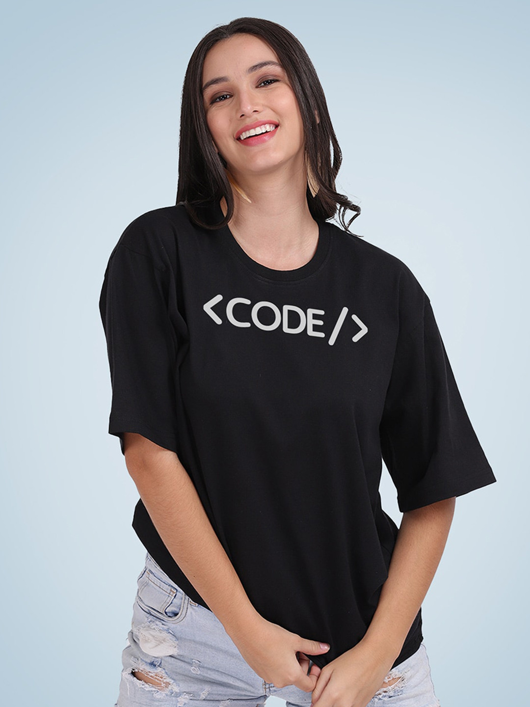 

Mad Over Print Women Typography Printed Drop-Shoulder Sleeves Loose Cotton T-shirt, Black