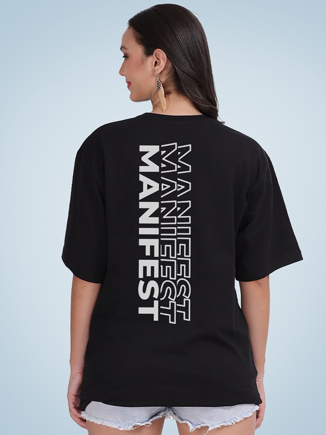 

Mad Over Print Women Typography Printed Drop-Shoulder Sleeves Loose Cotton T-shirt, Black