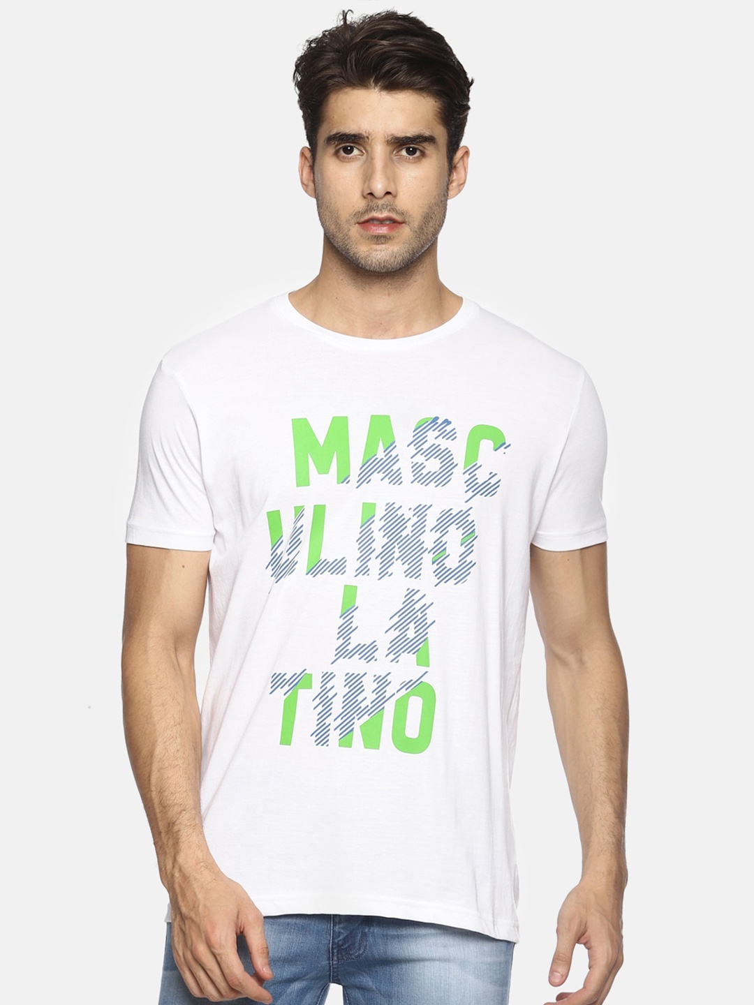 Masculino Latino Men Typography Printed Cotton T-shirt, White