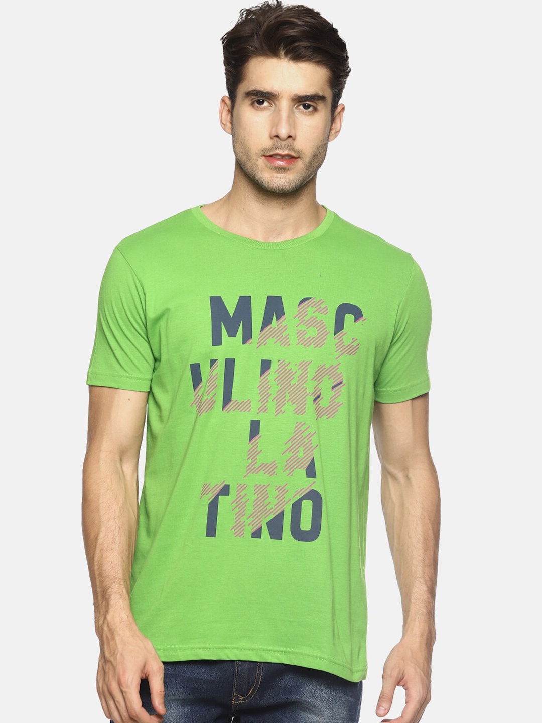 

Masculino Latino Men Typography Printed Cotton T-shirt, Green