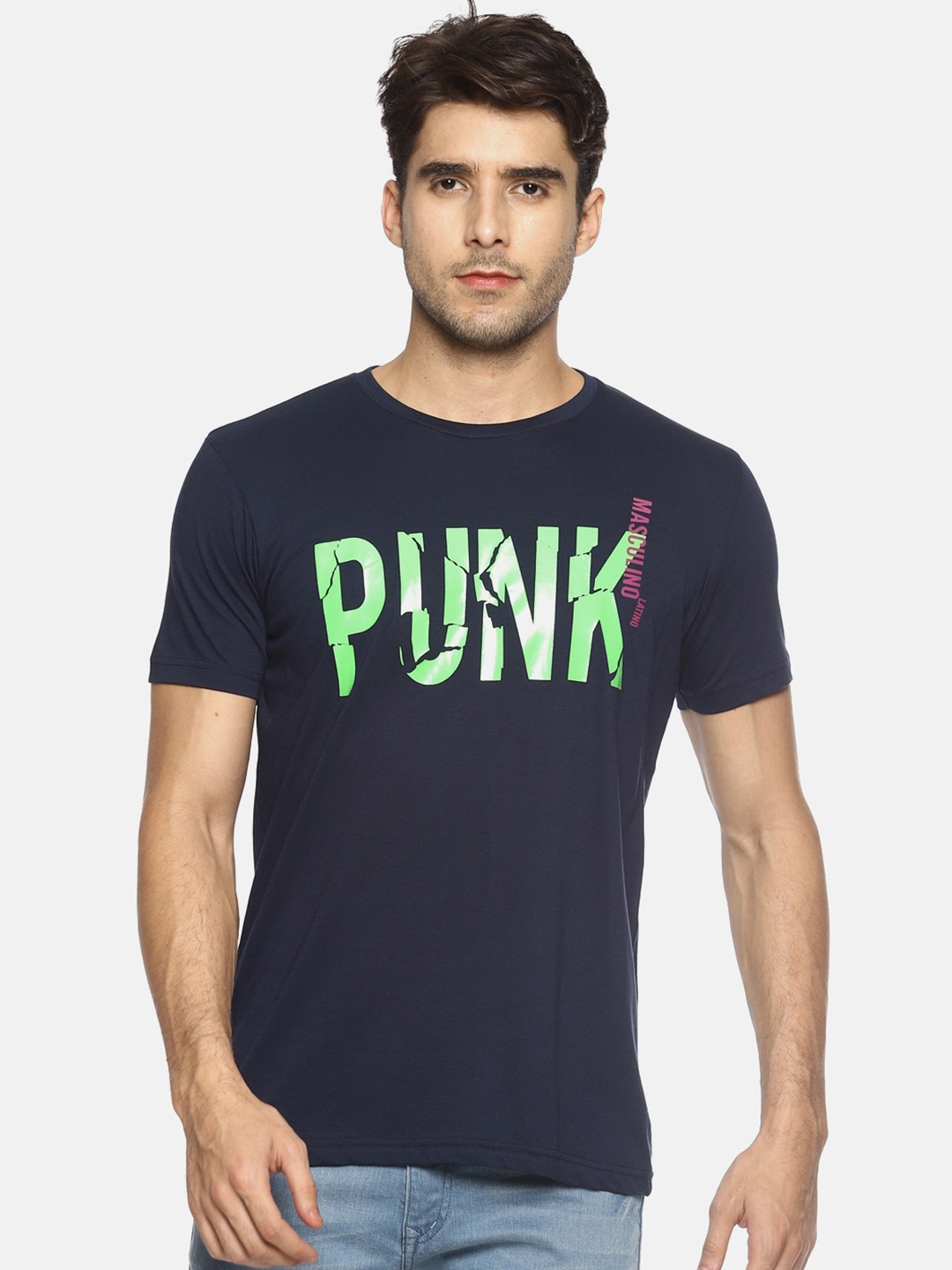 

Masculino Latino Men Typography Printed Cotton T-shirt, Navy blue