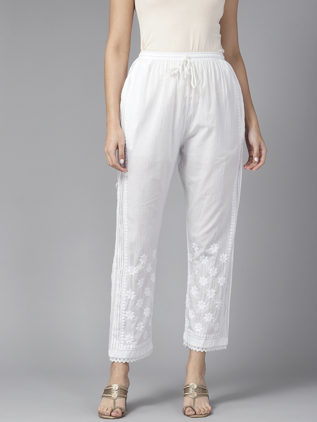 

ADA Women Ethnic Motifs Embroidered Cotton Chikankari Palazzos, White