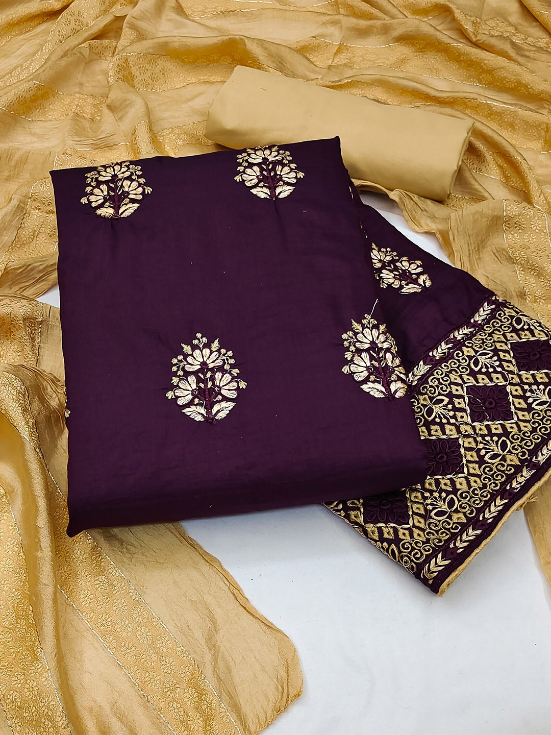 

KALINI Embroidered Pure Silk Unstitched Dress Material, Purple