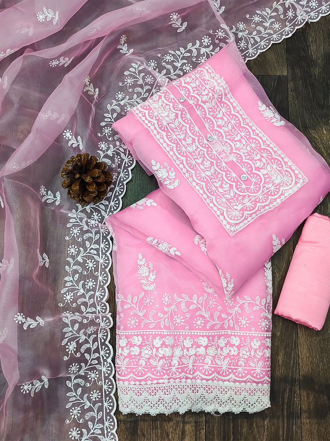

KALINI Embroidered Organza Unstitched Dress Material, Pink