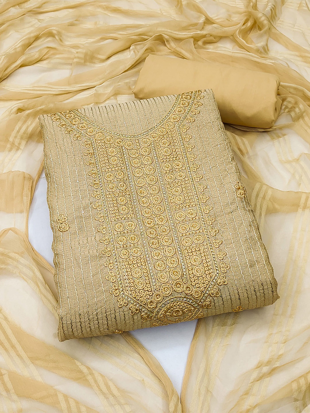

KALINI Women Embroidered Pure Cotton Unstitched Dress Material, Beige