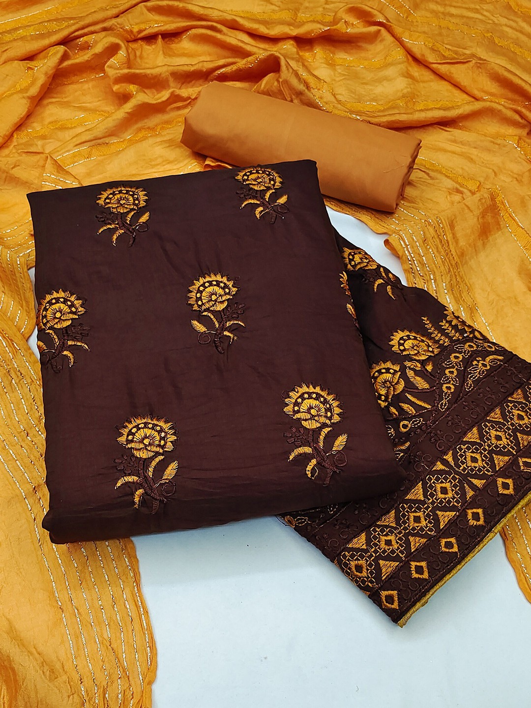 

KALINI Women Embroidered Pure Silk Unstitched Dress Material, Brown
