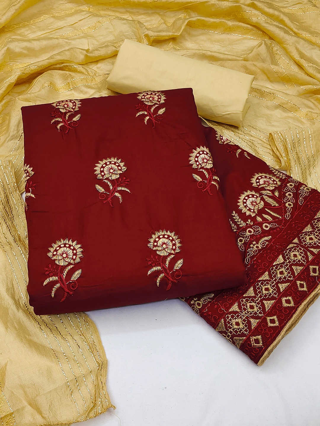 

KALINI Women Embroidered Pure Silk Unstitched Dress Material, Maroon