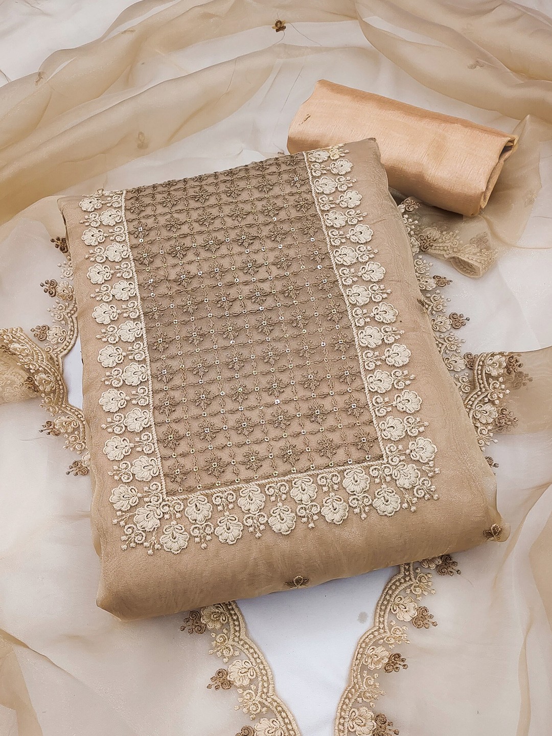 

KALINI Women Embroidered Organza Unstitched Dress Material, Beige