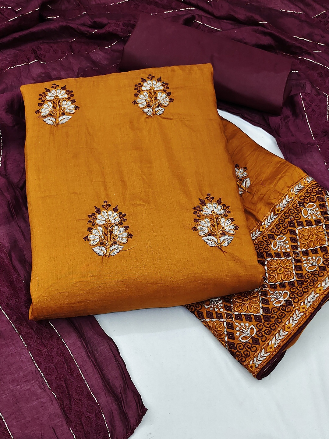 

KALINI Women Embroidered Pure Silk Unstitched Dress Material, Yellow