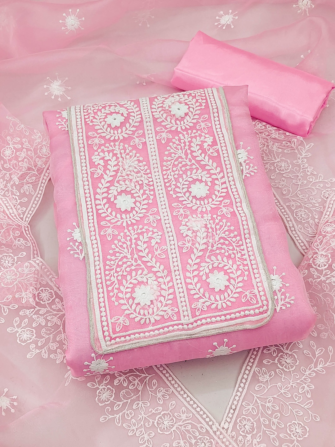 

KALINI Women Embroidered Organza Unstitched Dress Material, Pink