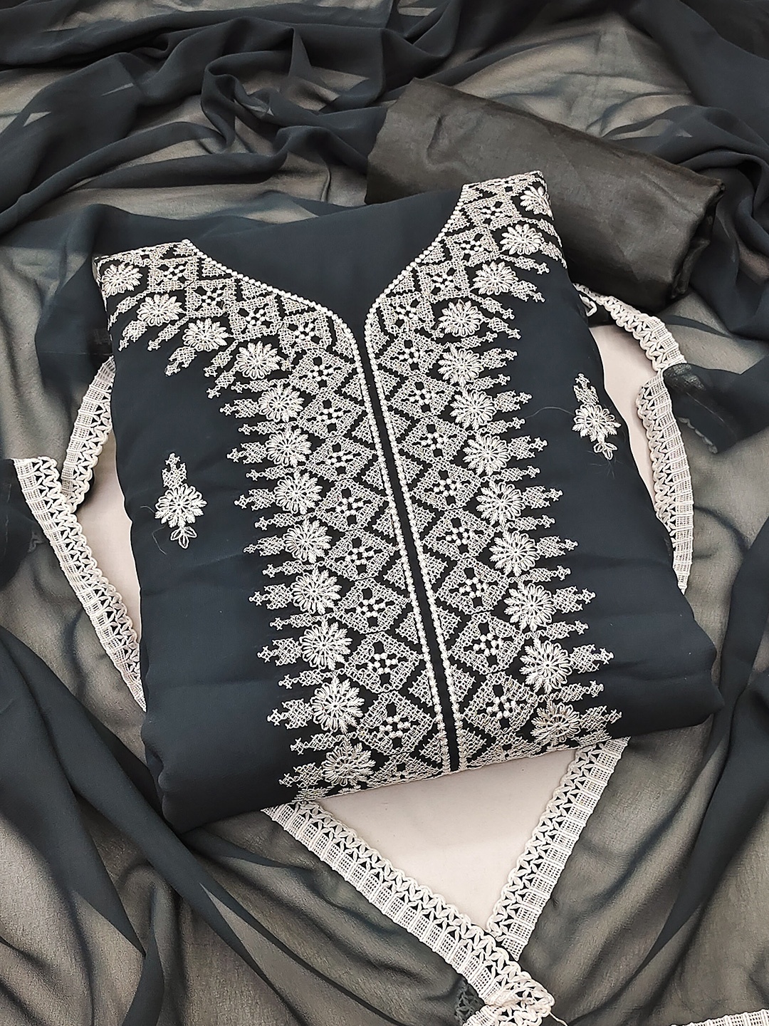 

KALINI Women Embroidered Silk Georgette Unstitched Dress Material, Grey