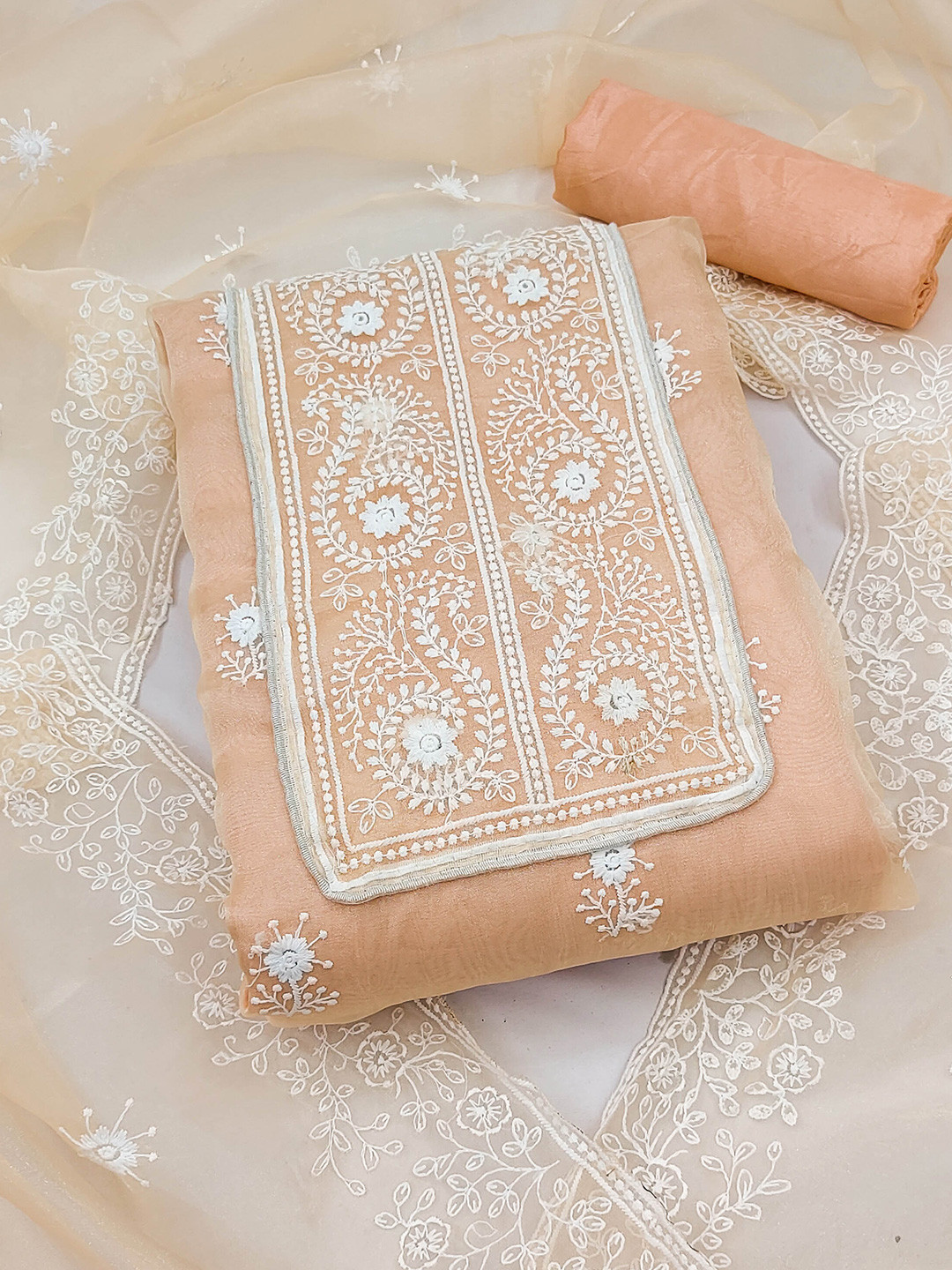 

KALINI Women Embroidered Organza Unstitched Dress Material, Peach
