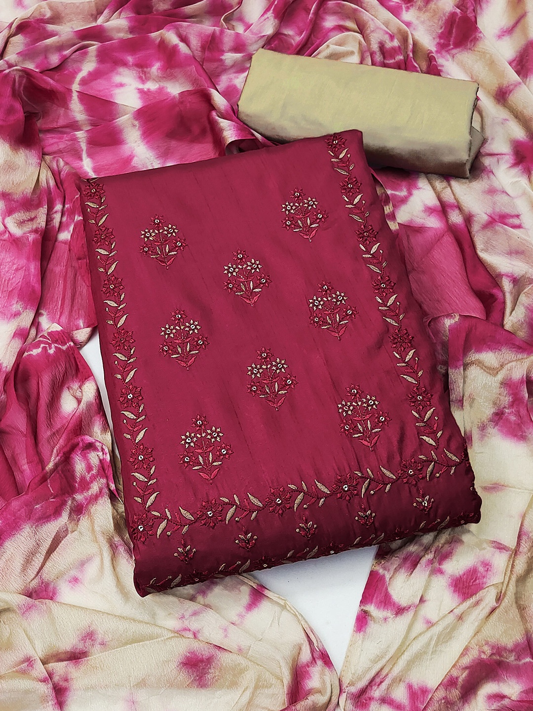 

KALINI Women Embroidered Pure Silk Unstitched Dress Material, Magenta