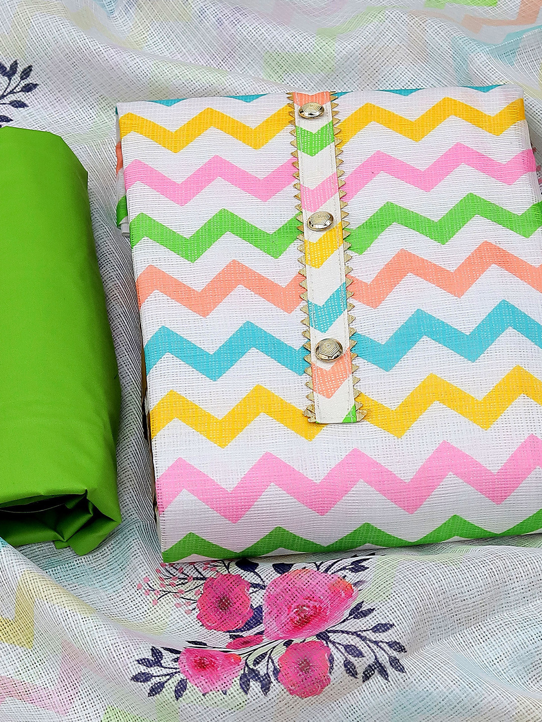 

KALINI Chevron Printed Pure Cotton Unstitched Dress Material, White