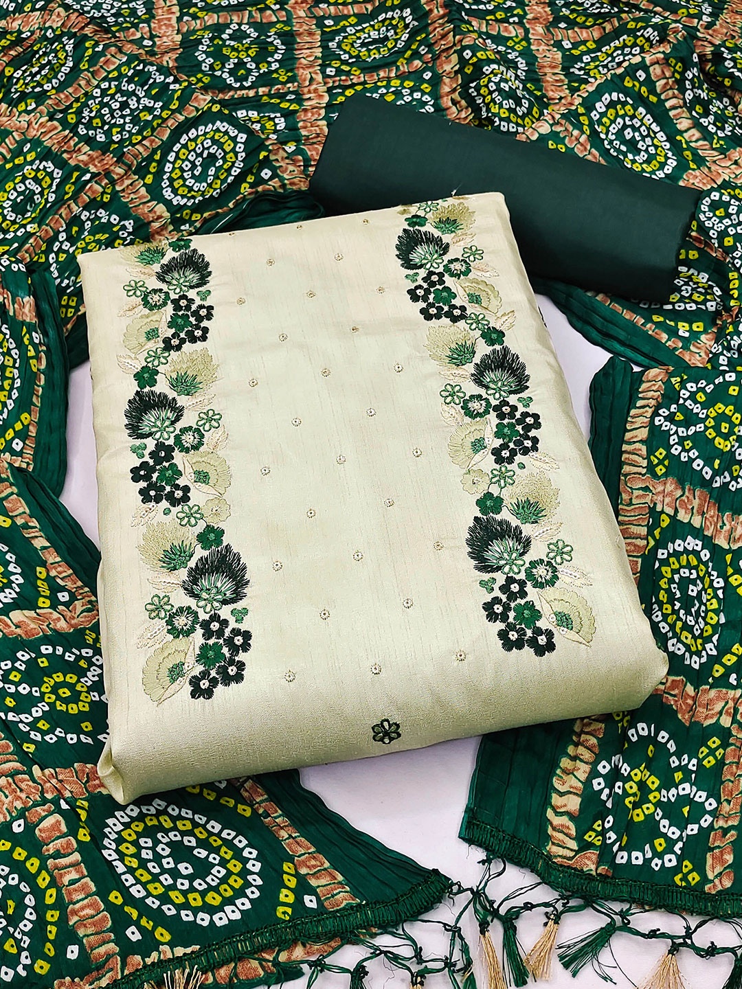 

KALINI Embroidered Pure Silk Unstitched Dress Material, Lime green