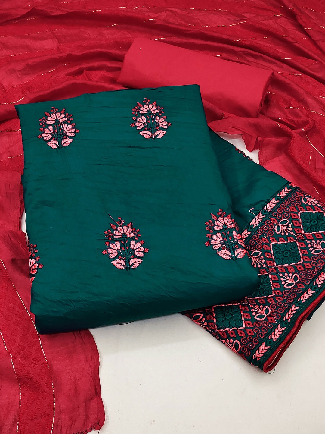 

KALINI Embroidered Pure Silk Unstitched Dress Material, Teal