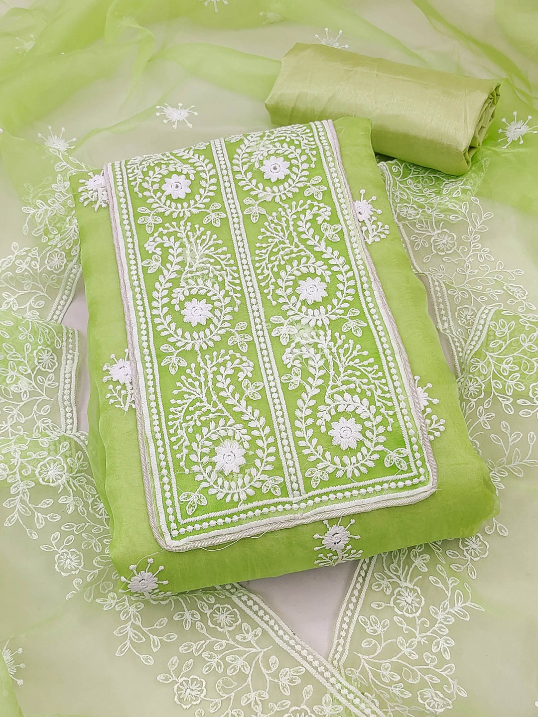 

KALINI Lime Embroidered Organza Unstitched Dress Material, Lime green