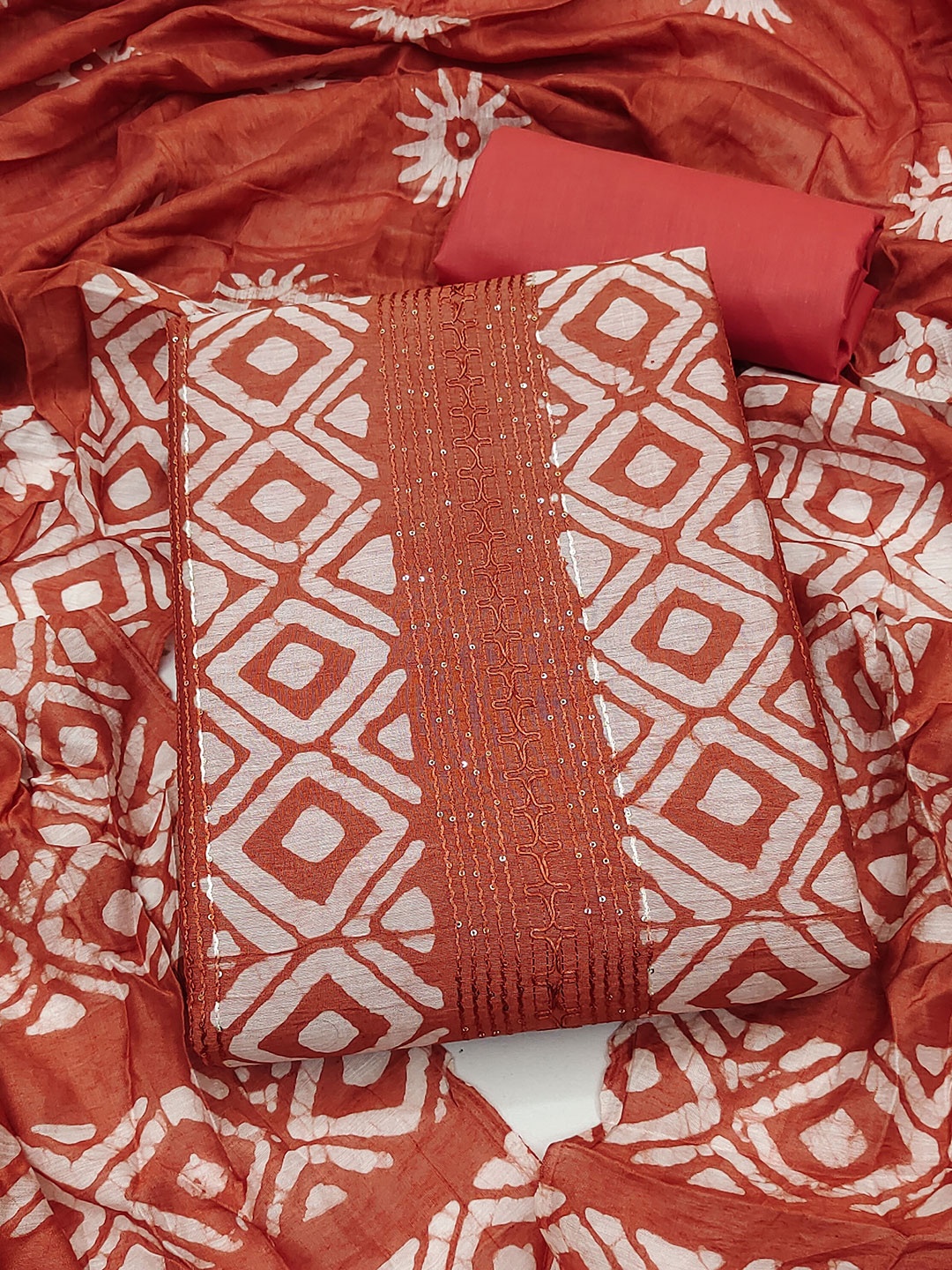 

KALINI Embroidered Pure Cotton Unstitched Dress Material, Rust