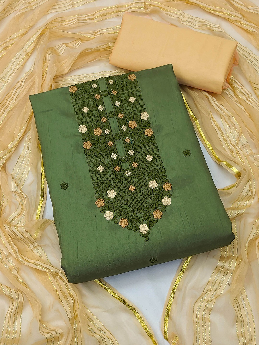 

KALINI Embroidered Unstitched Dress Material, Green