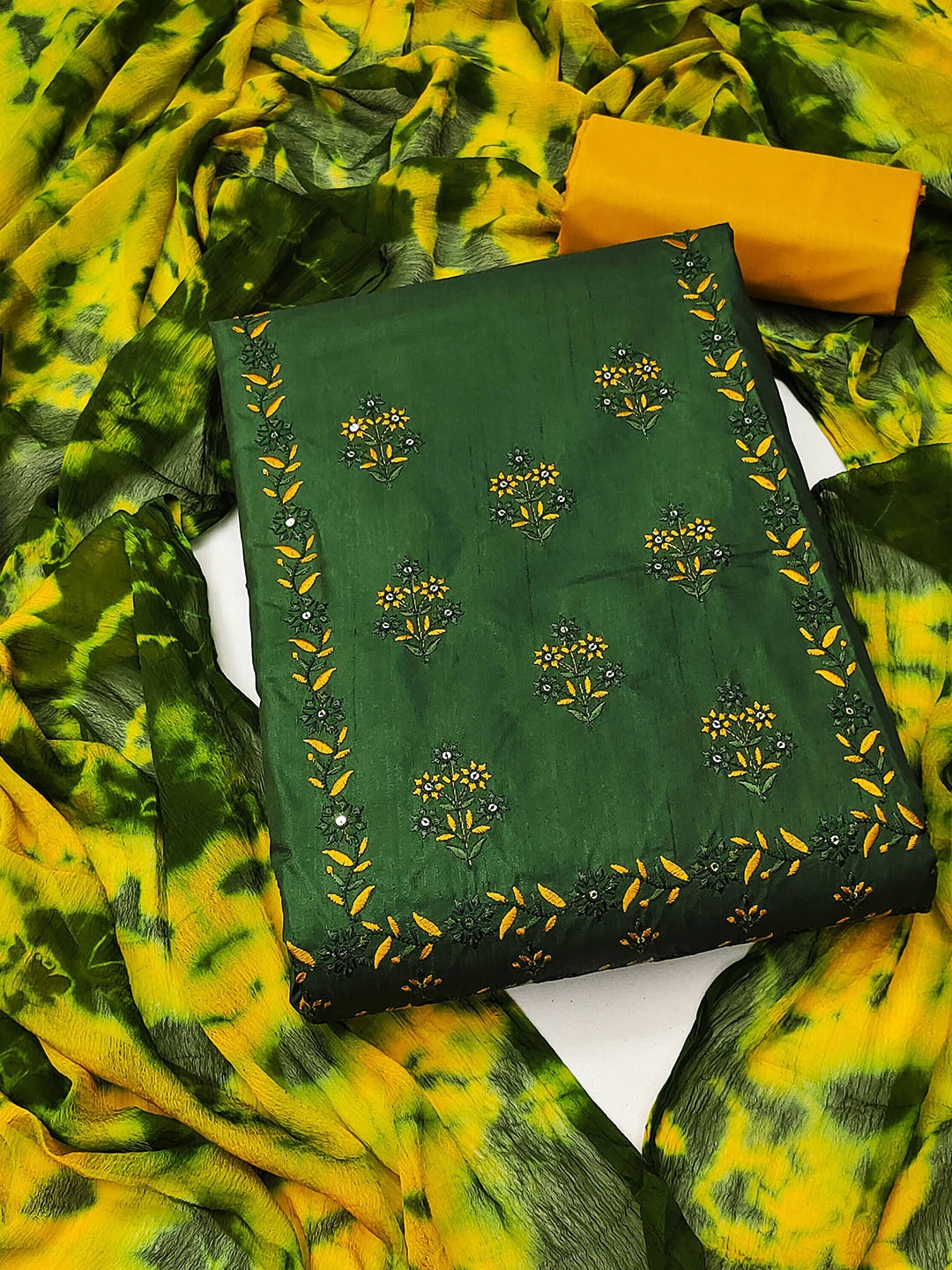 

KALINI Yellow Embroidered Pure Silk Unstitched Dress Material, Green