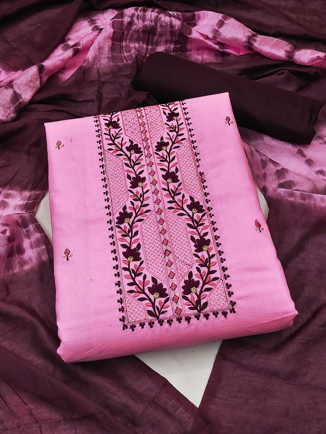 

KALINI Embroidered Unstitched Dress Material, Pink