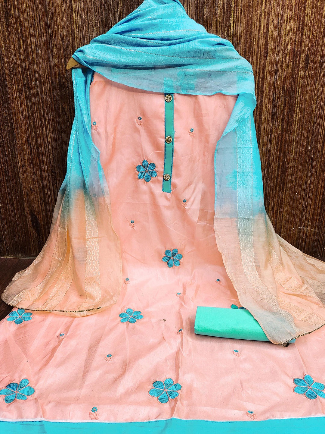 

KALINI Embroidered Unstitched Dress Material, Peach