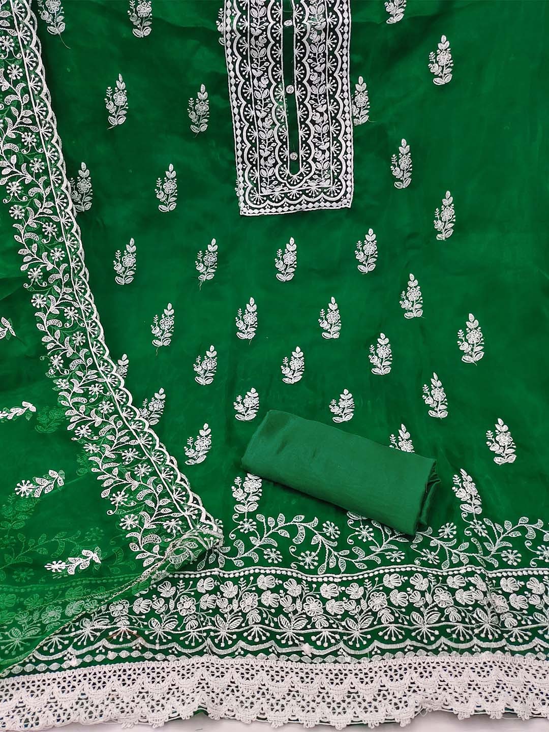 

KALINI Embroidered Organza Unstitched Dress Material, Green
