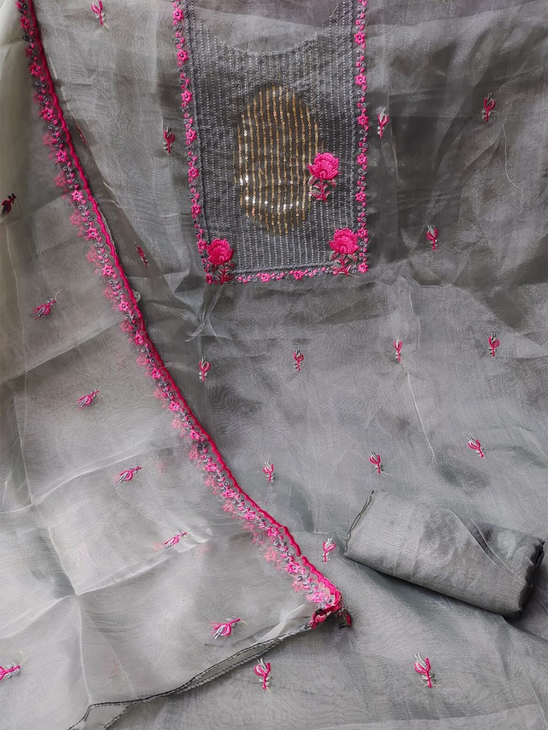 

KALINI Embellished Organza Unstitched Dress Material, Grey