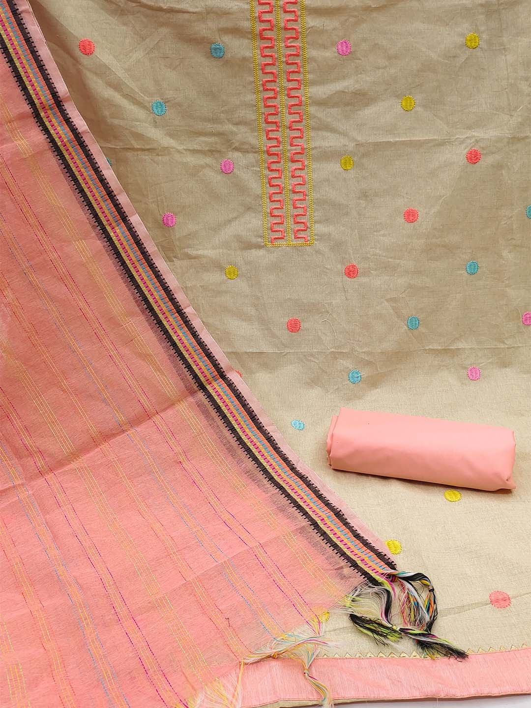 

KALINI Embroidered Pure Cotton Unstitched Dress Material, Beige