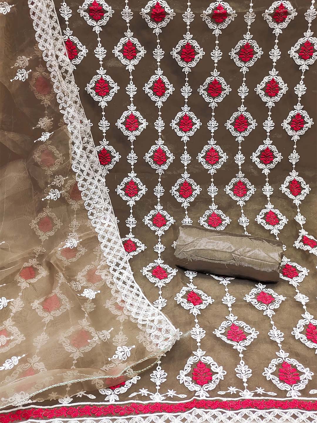 

KALINI Embroidered Organza Unstitched Dress Material, Brown
