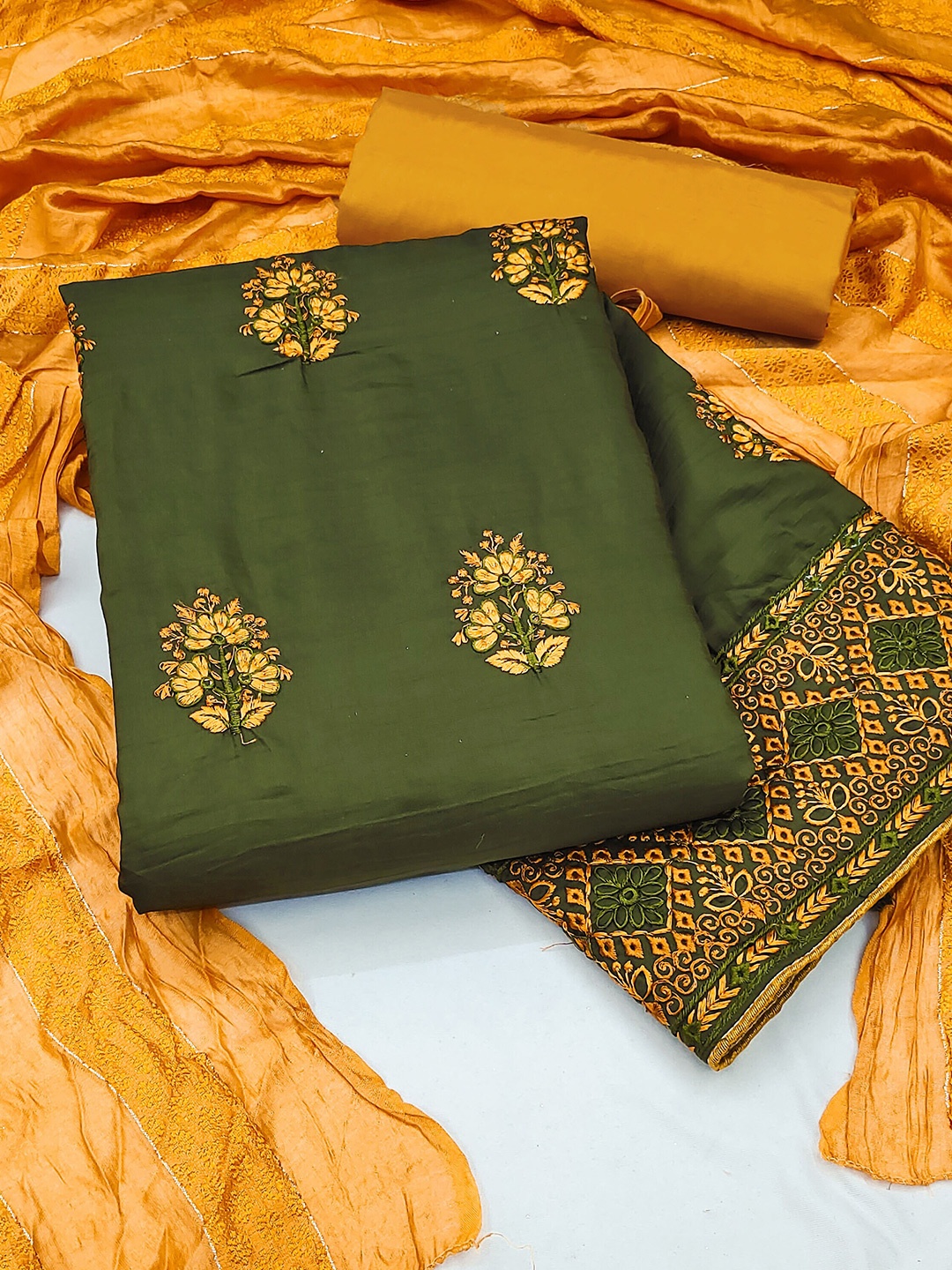 

KALINI Embroidered Pure Silk Unstitched Dress Material, Green