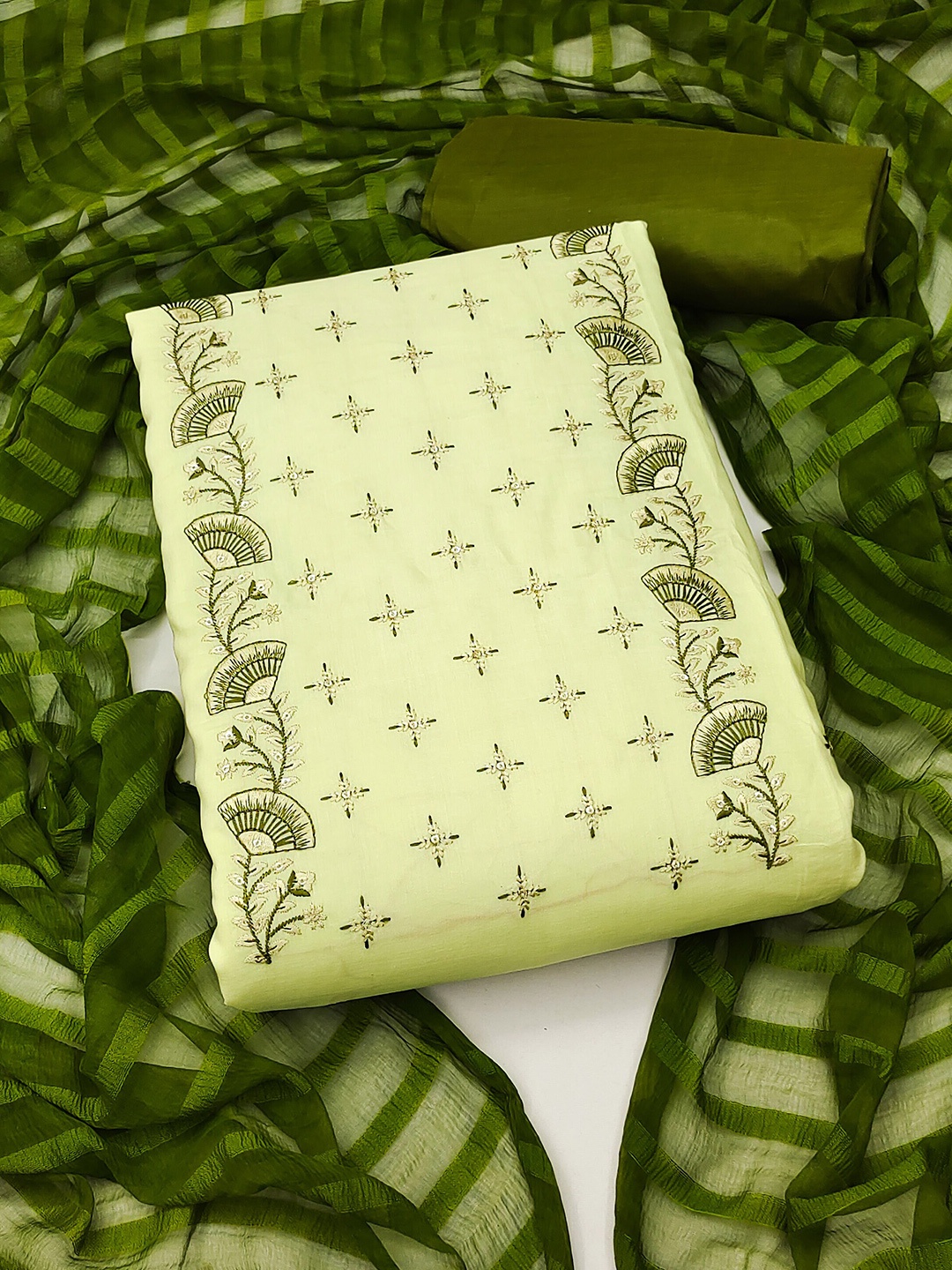 

KALINI Embroidered Pure Silk Unstitched Dress Material, Lime green
