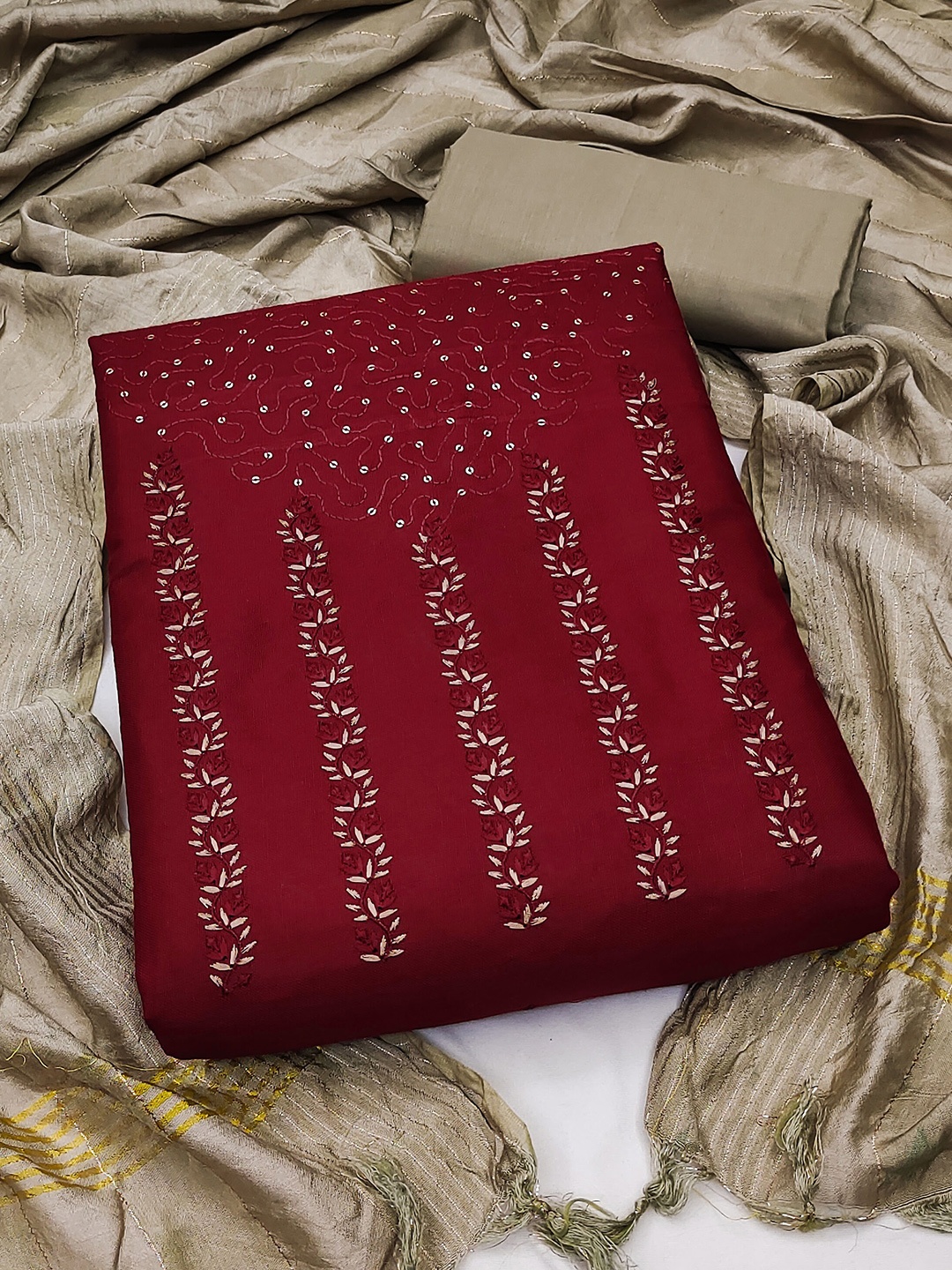 

KALINI Embroidered Pure Cotton Unstitched Dress Material, Maroon