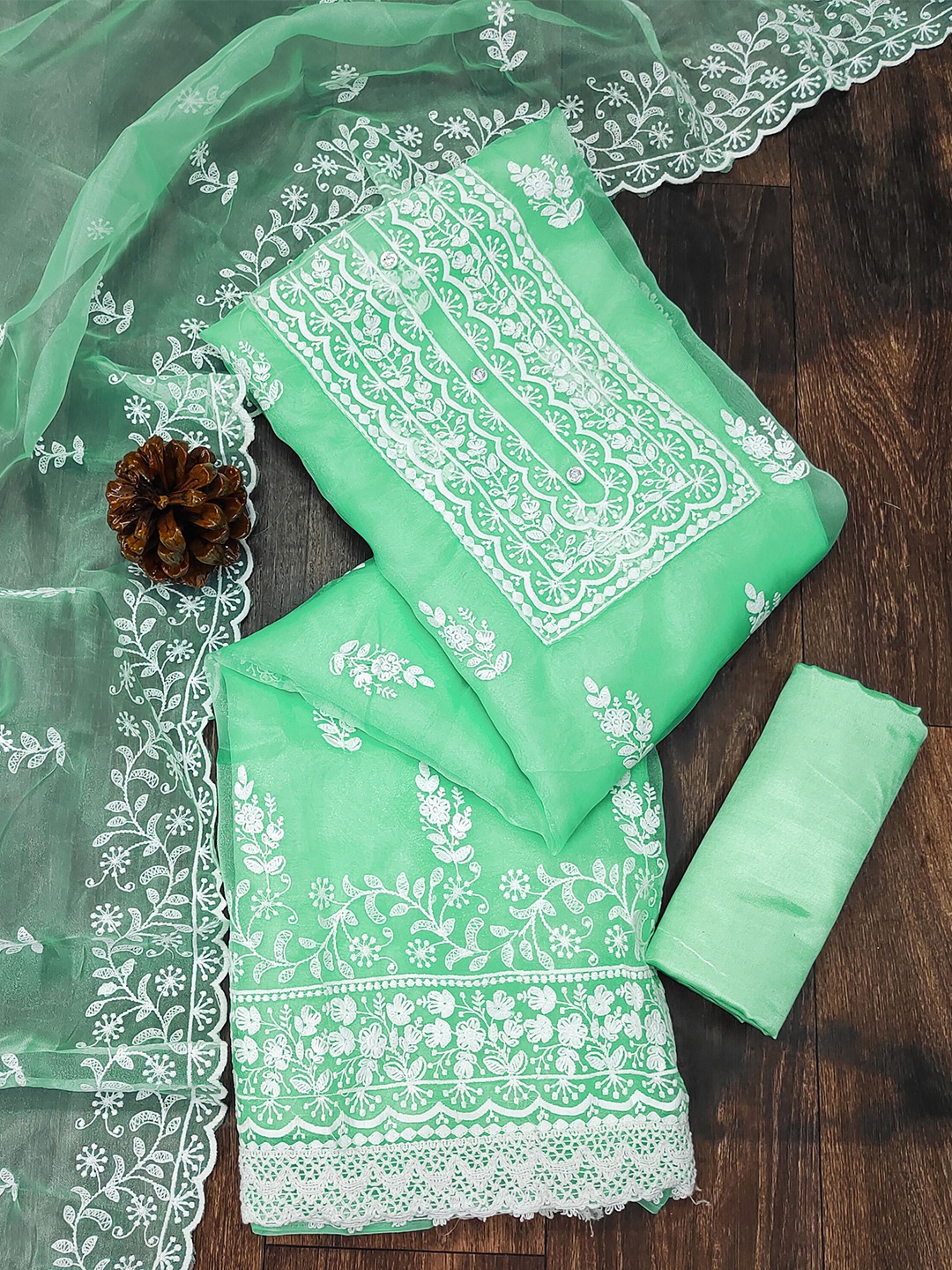

KALINI Embroidered Organza Unstitched Dress Material, Sea green