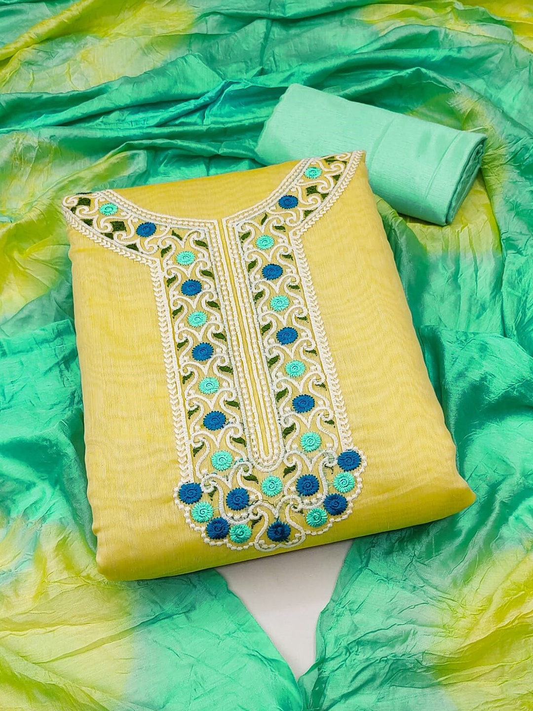 

KALINI Yellow & Green Embroidered Unstitched Dress Material
