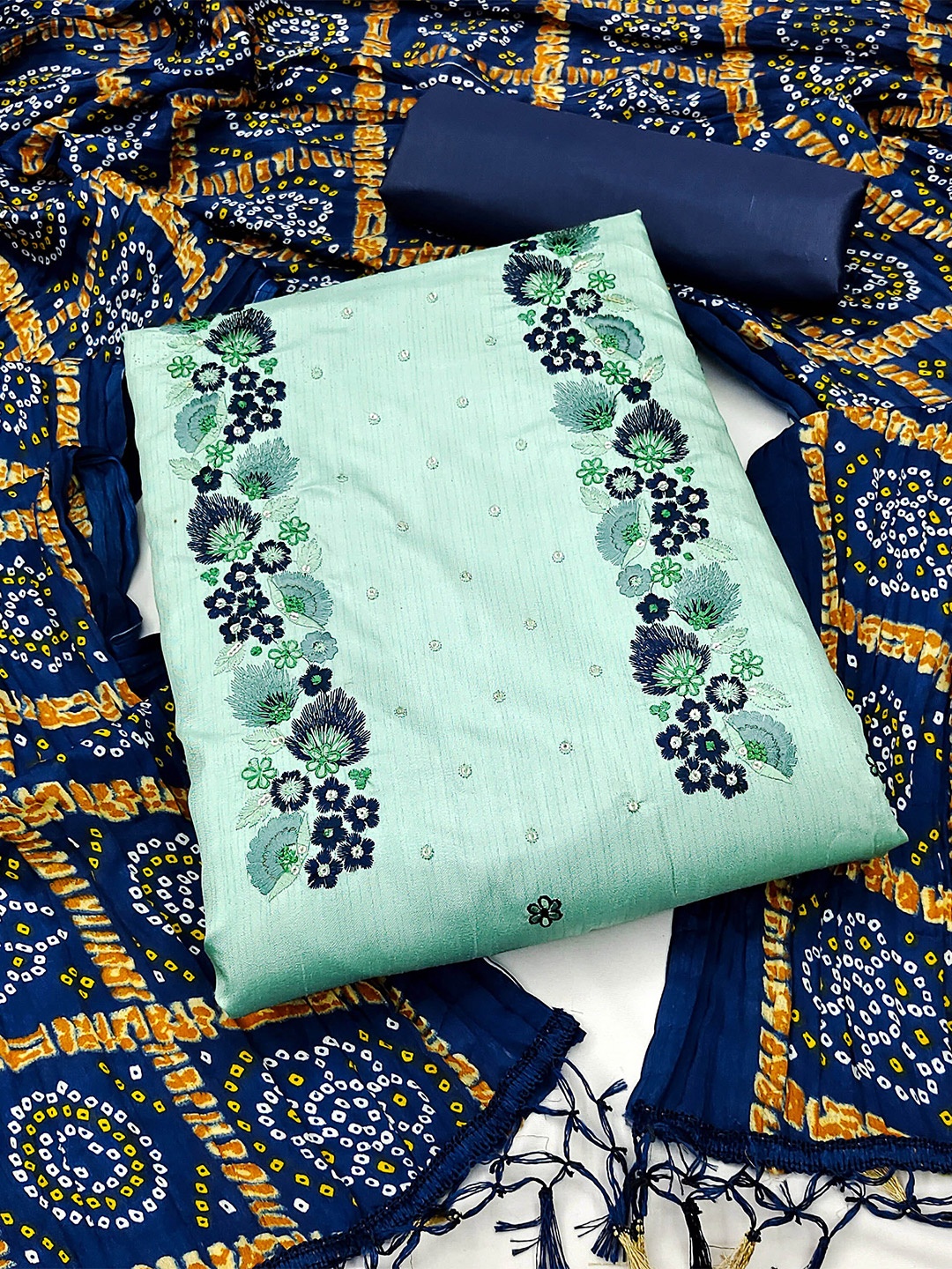 

KALINI Embroidered Pure Silk Unstitched Dress Material, Sea green