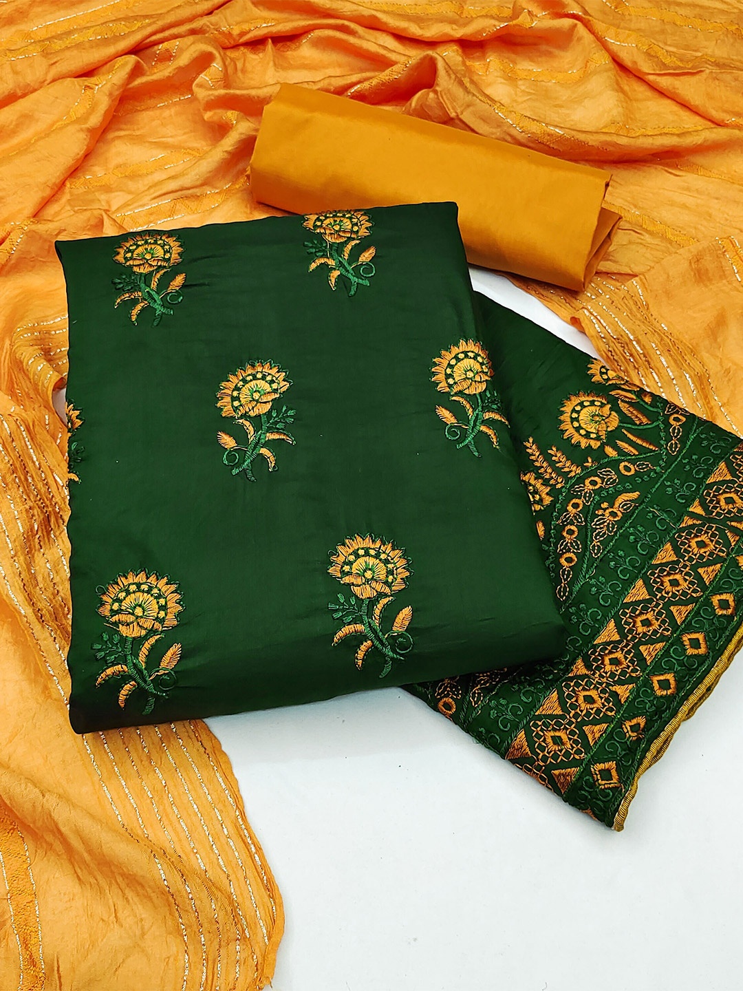 

KALINI Embroidered Pure Silk Unstitched Dress Material, Green