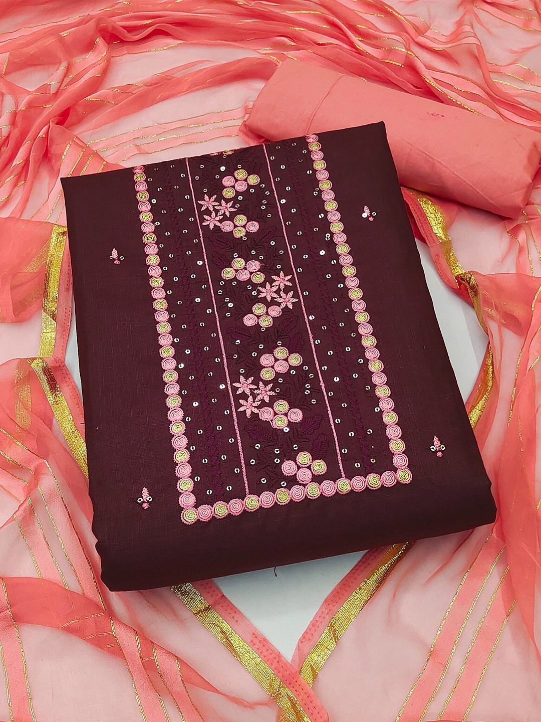 

KALINI Embroidered Unstitched Dress Material, Magenta