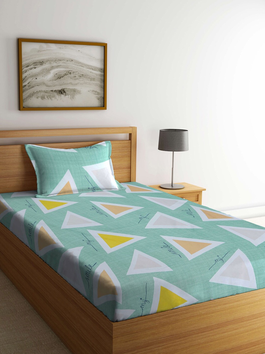 

KLOTTHE Green & Yellow Geometric 300 TC Single Bedsheet with 1 Pillow Cover