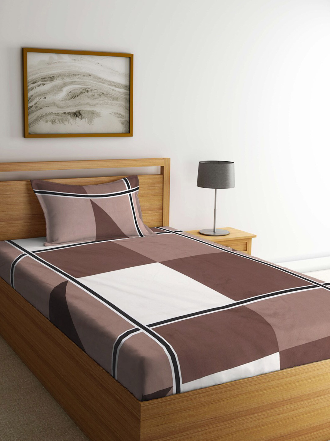 

KLOTTHE Brown & White Geometric 300 TC Single Bedsheet with 1 Pillow Cover