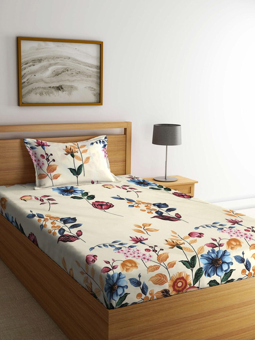 

KLOTTHE Cream-Coloured & Blue Floral 300 TC Single Bedsheet with 1 Pillow Cover