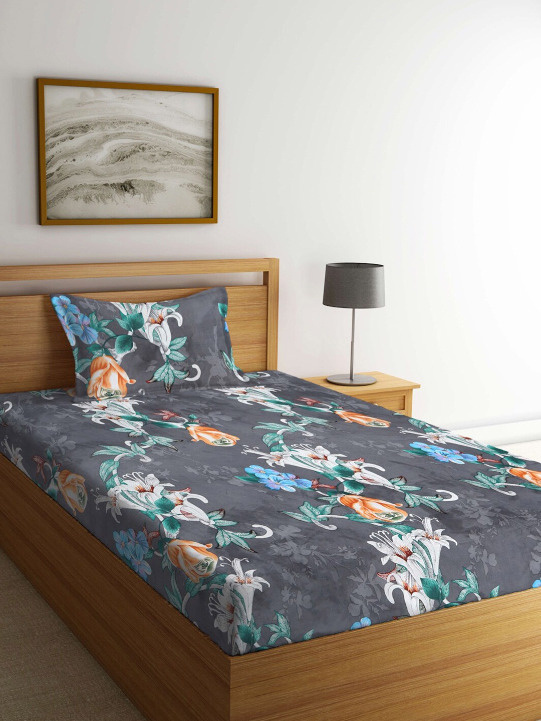 

KLOTTHE Grey & White Floral 300 TC Single Bedsheet with 1 Pillow Cover