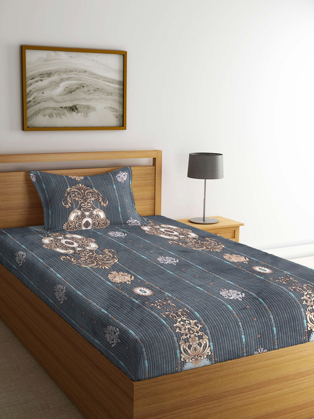 

KLOTTHE Grey & Brown Ethnic Motifs 300 TC Single Bedsheet with 1 Pillow Cover