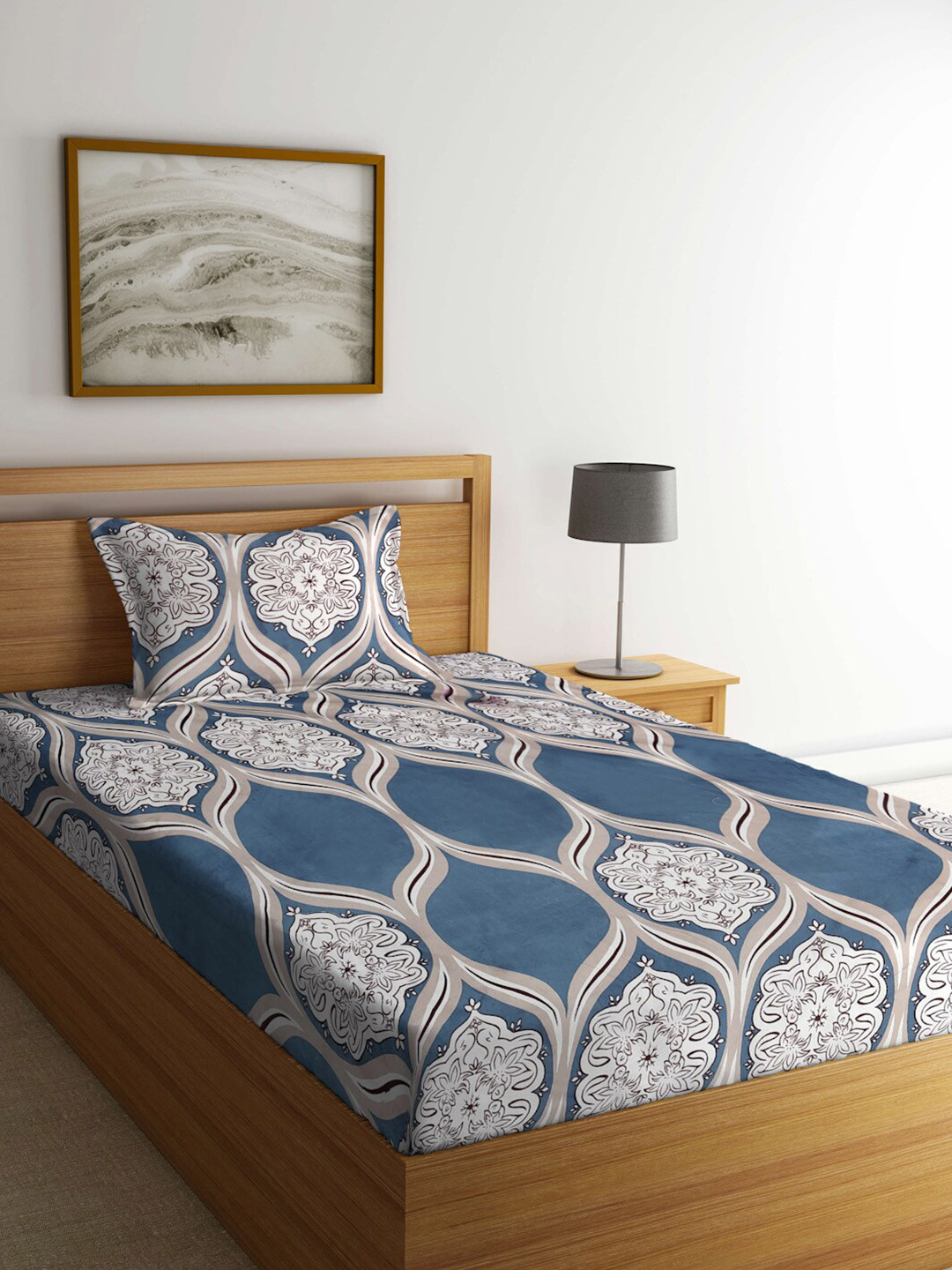 

KLOTTHE Blue & White Ethnic Motifs 300 TC Single Bedsheet with 1 Pillow Cover