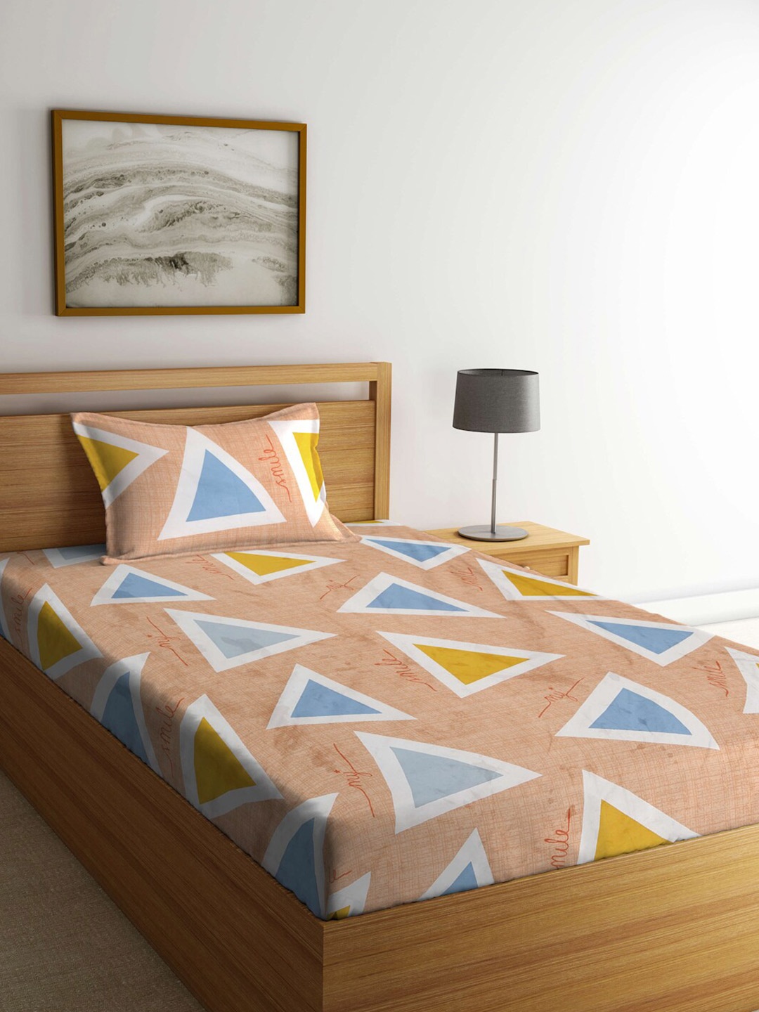 

KLOTTHE Geometric 300 TC Single Bedsheet with 1 Pillow Cover, Peach