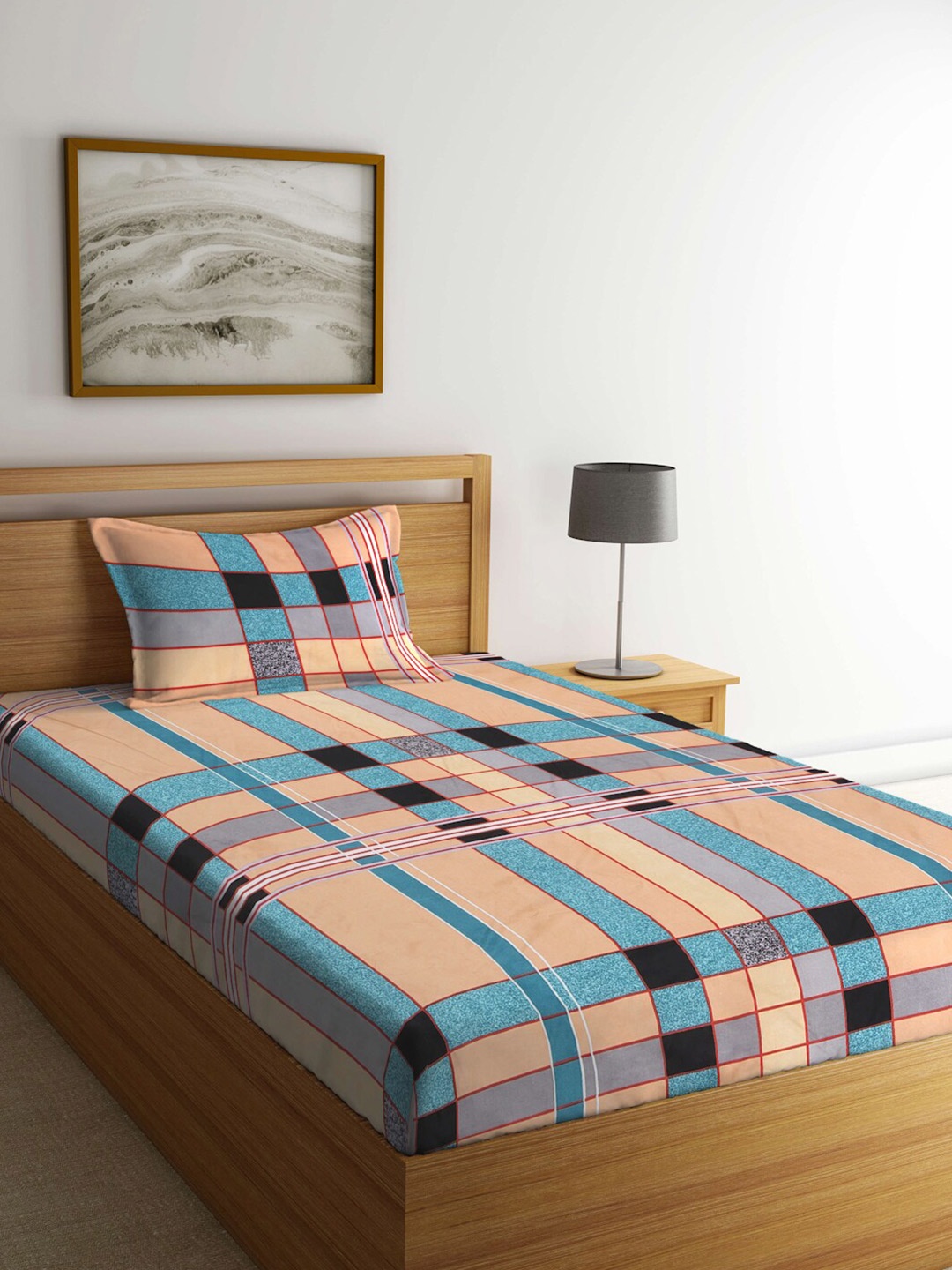 

KLOTTHE Blue & Beige Striped 300 TC Single Bedsheet with 1 Pillow Cover